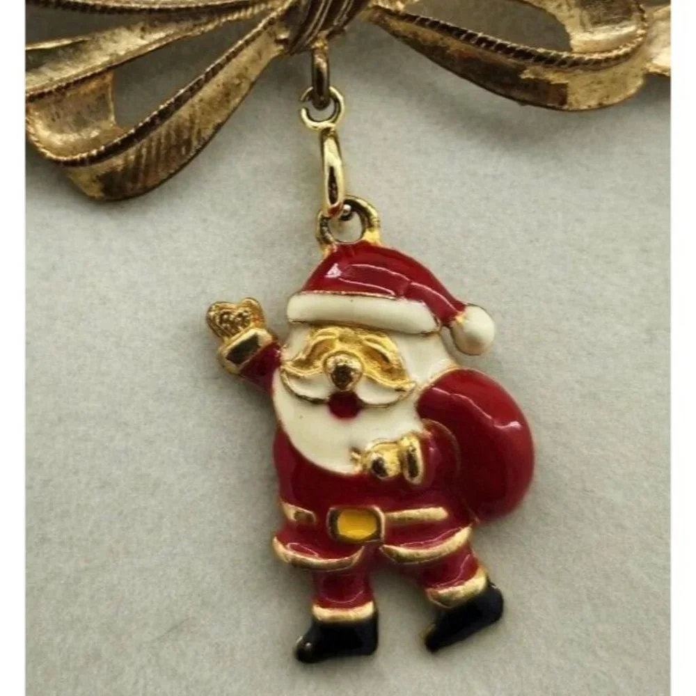 Vintage 2 Piece Set Of PHISTER Bow Brooch With Holiday Santa Charm 3” Gold Toned
